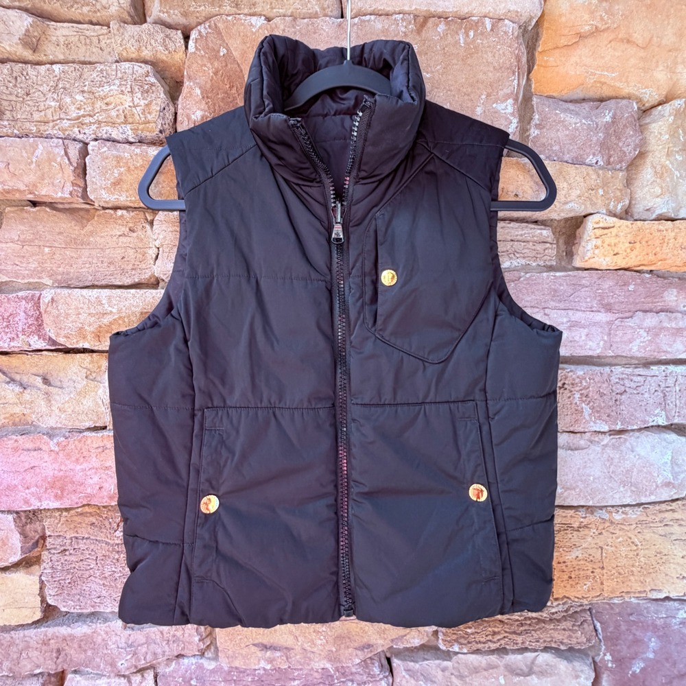 LRL Ralph Lauren M Petite Women Reversible Leopard Black Puffer Vest Gold Snap